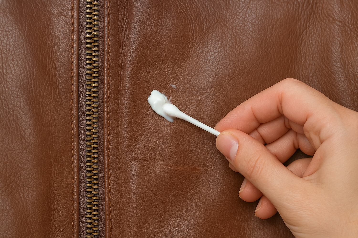 Hand washing a leather jacket with a diluted baby shampoo solution using a soft cloth for gentle cleaning.