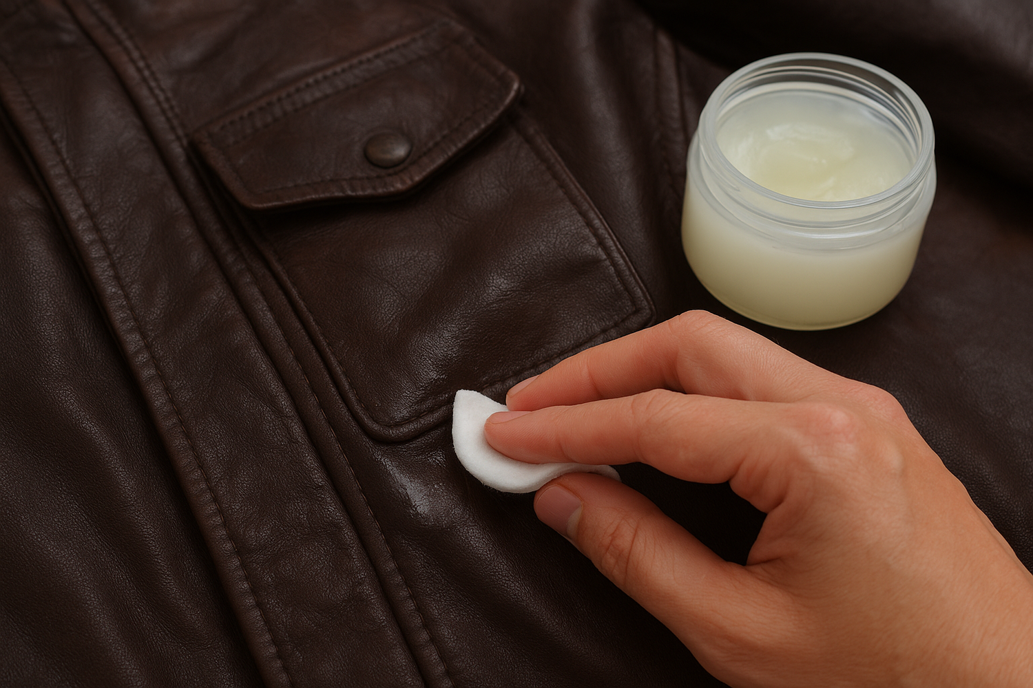 Close-up of a hand applying petroleum jelly with a cotton pad onto a brown leather jacket for spot conditioning. 