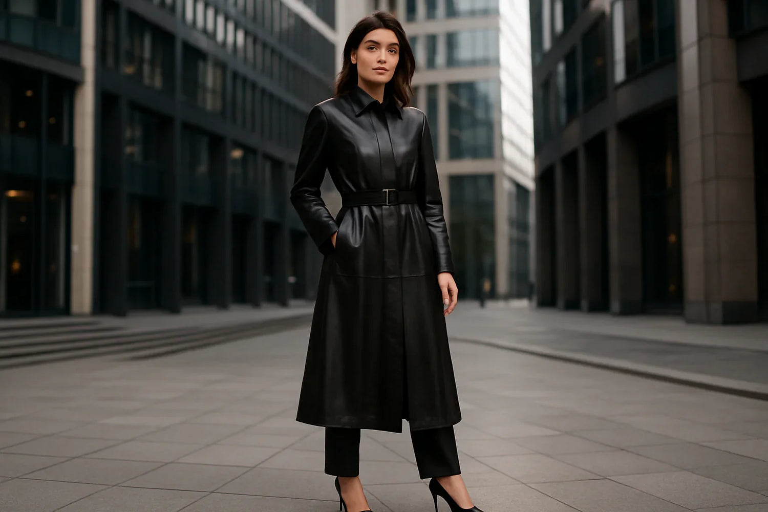 Woman wearing a long black leather trench coat styled with tailored trousers and heels, showcasing a sophisticated city look.