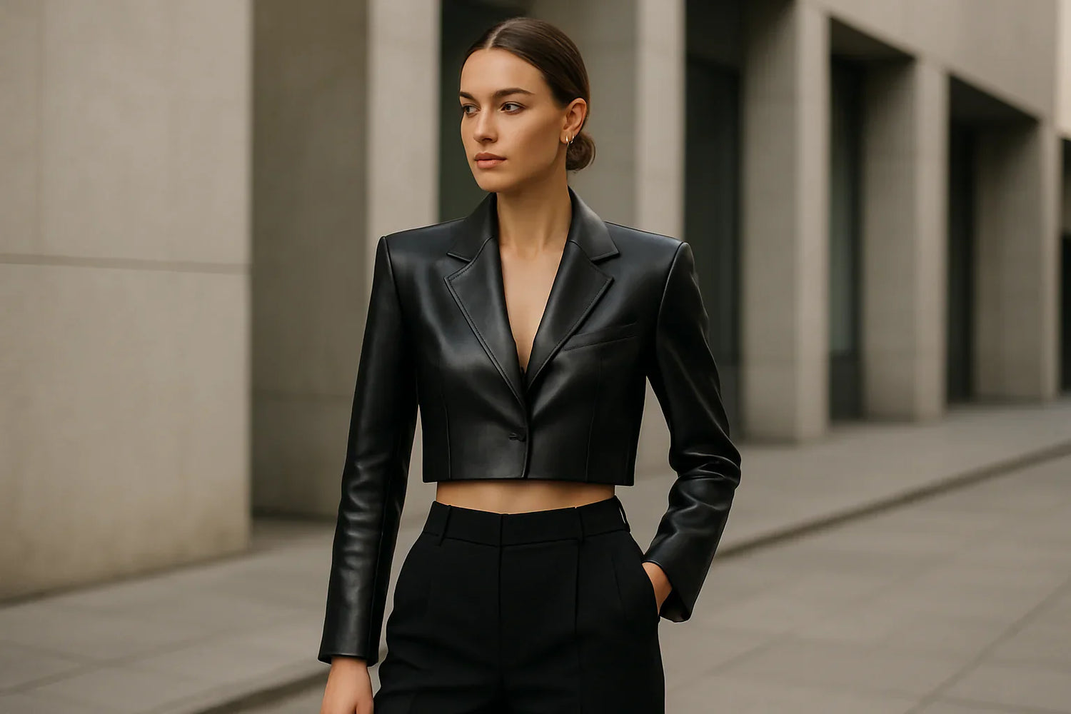Woman wearing a black cropped leather blazer paired with high-waist trousers, creating a modern and chic outfit.