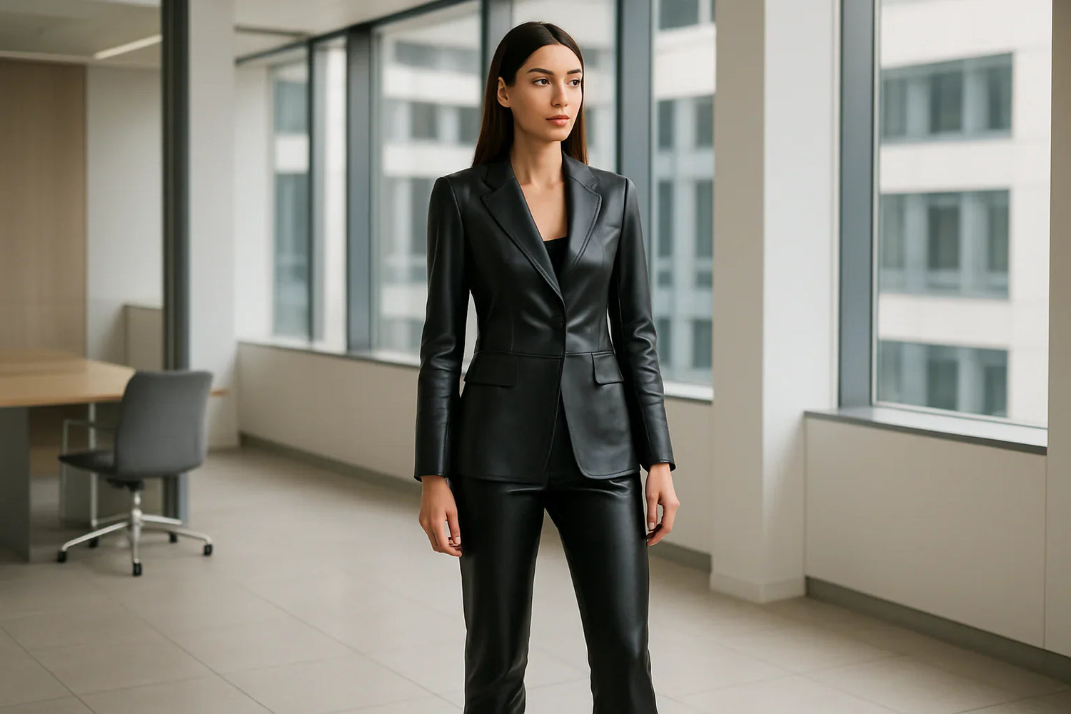 Woman in a tailored black leather blazer paired with tailored trousers and heels, creating a chic and professional office look.
