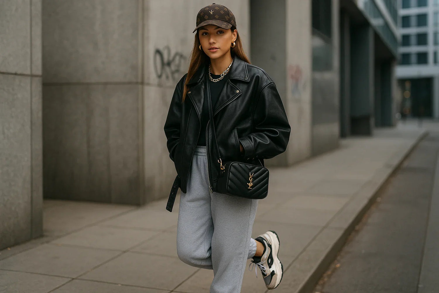 Woman wearing an oversized black leather jacket styled with joggers, sneakers, and luxury streetwear accessories in an urban setting.