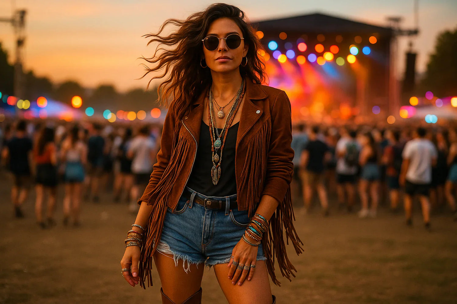 Woman at a music festival wearing a fringe leather jacket with denim shorts and boots, styled with layered accessories