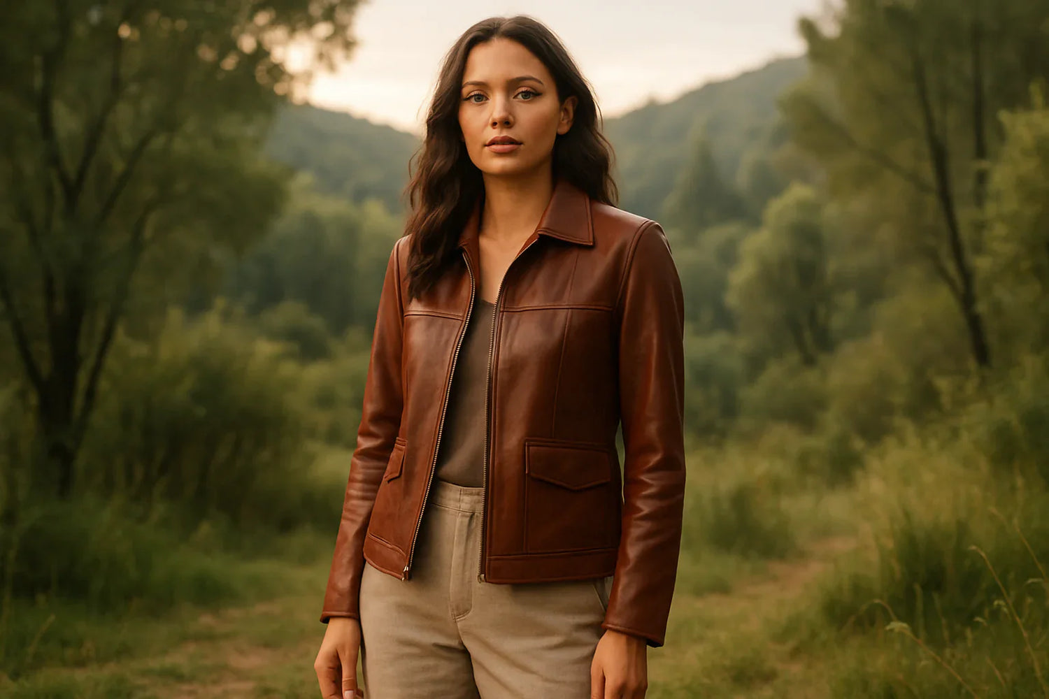 Eco-conscious woman wearing a sustainable leather jacket paired with casual trousers, standing outdoors with a natural background.