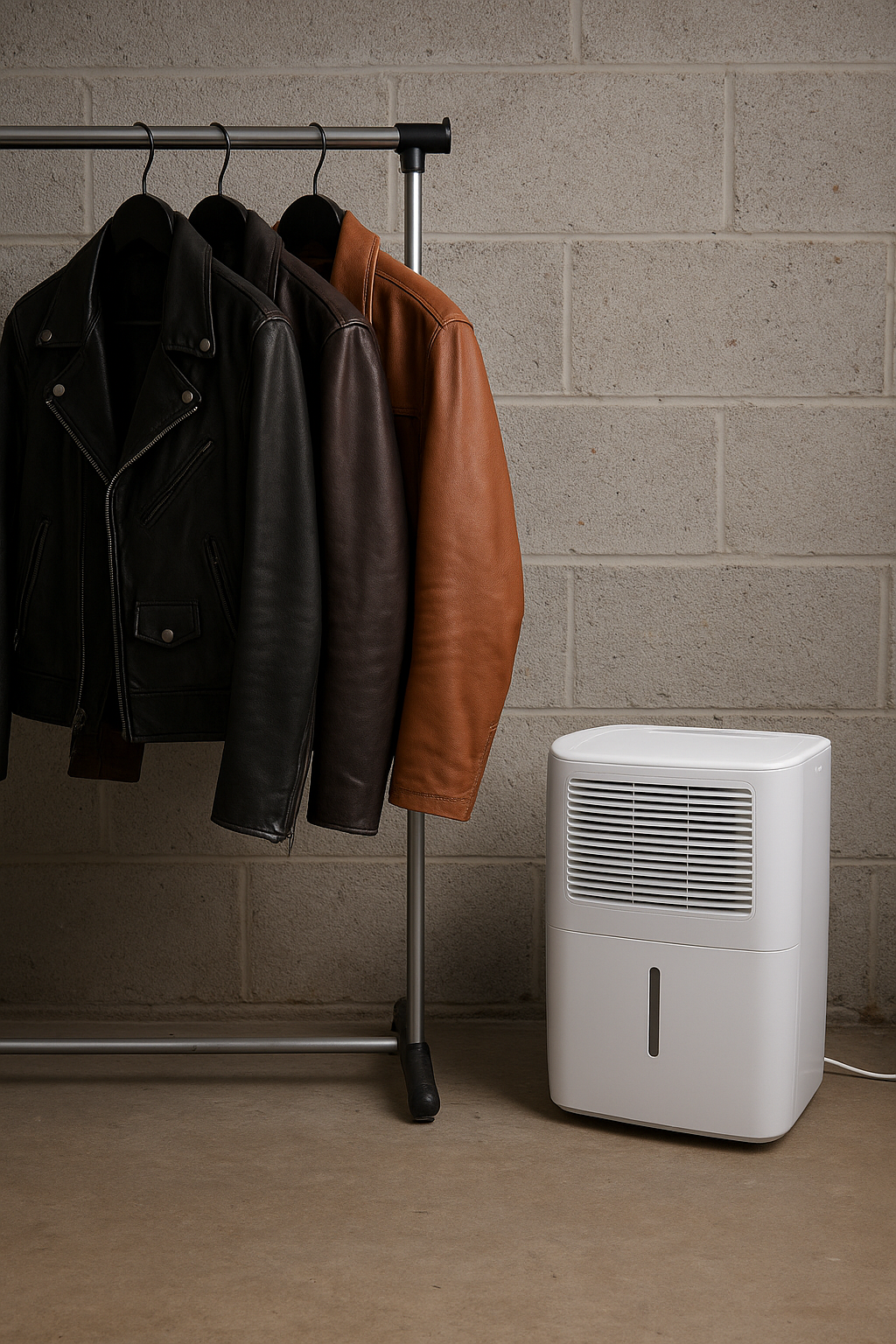 Leather jackets stored in a basement closet with a dehumidifier to prevent mold and moisture damage.