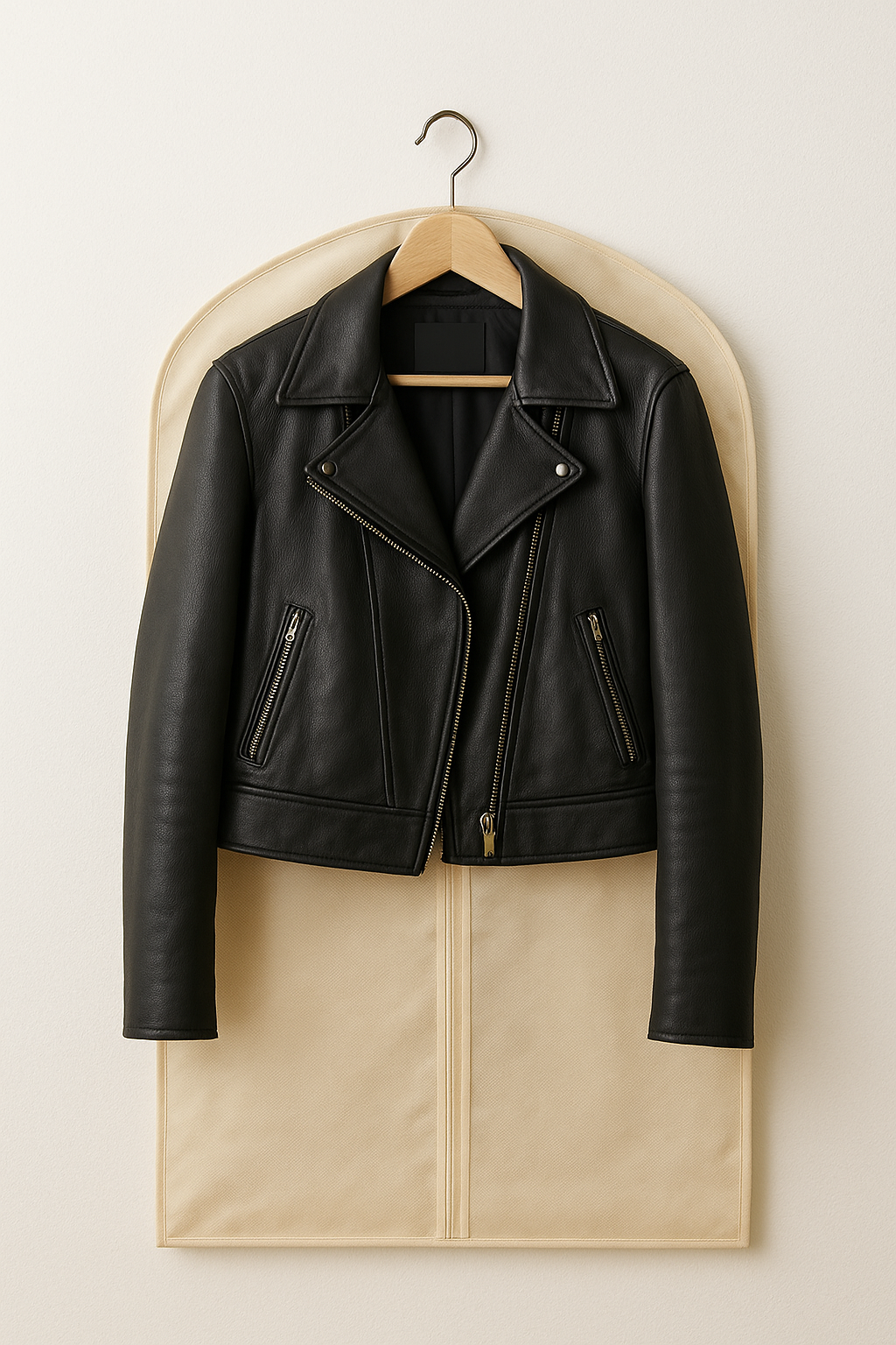 Leather jacket hanging on a padded hanger inside a breathable garment bag after conditioning for safe storage.
