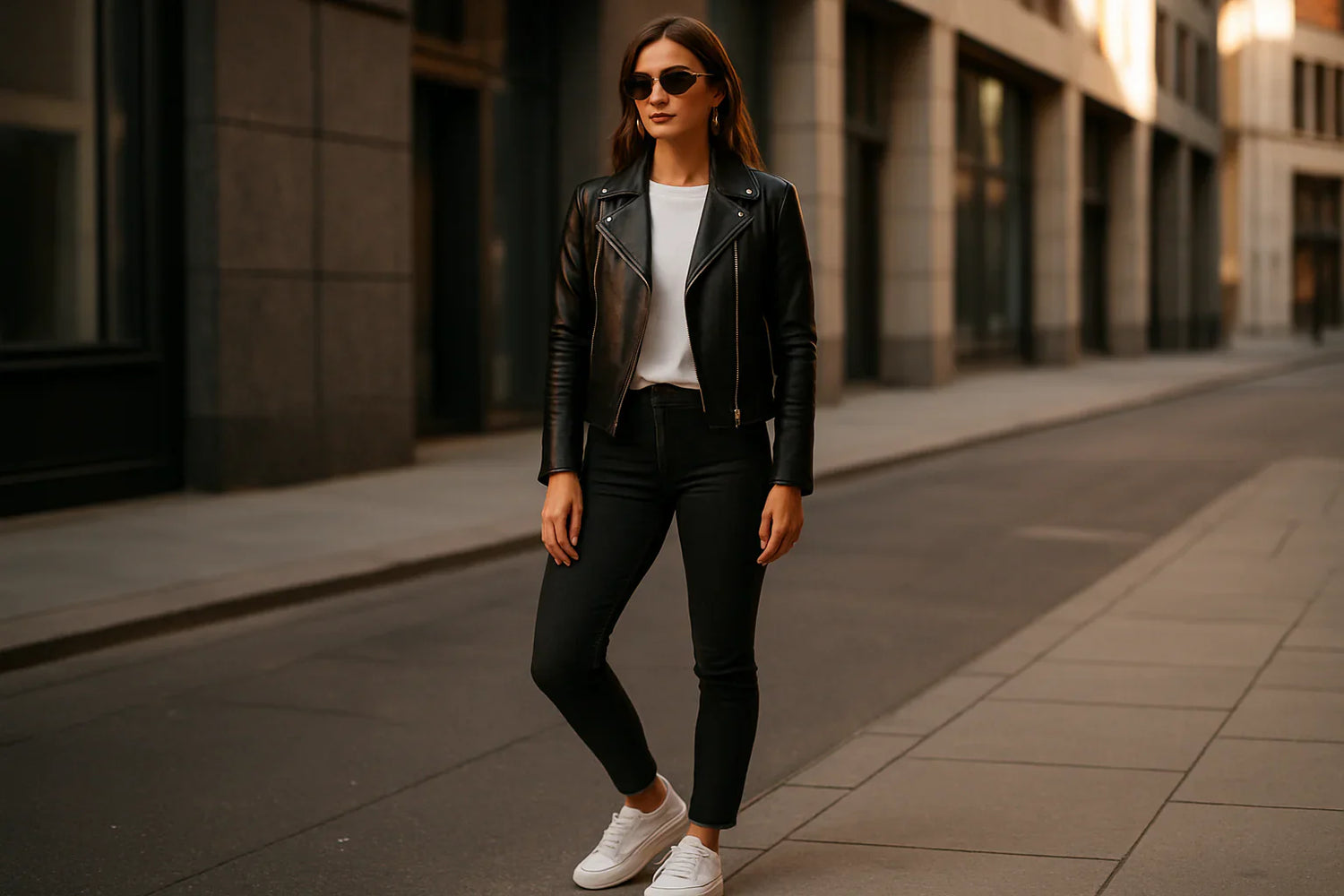 A stylish woman pairing a leather jacket with sneakers, showcasing a casual chic streetwear look