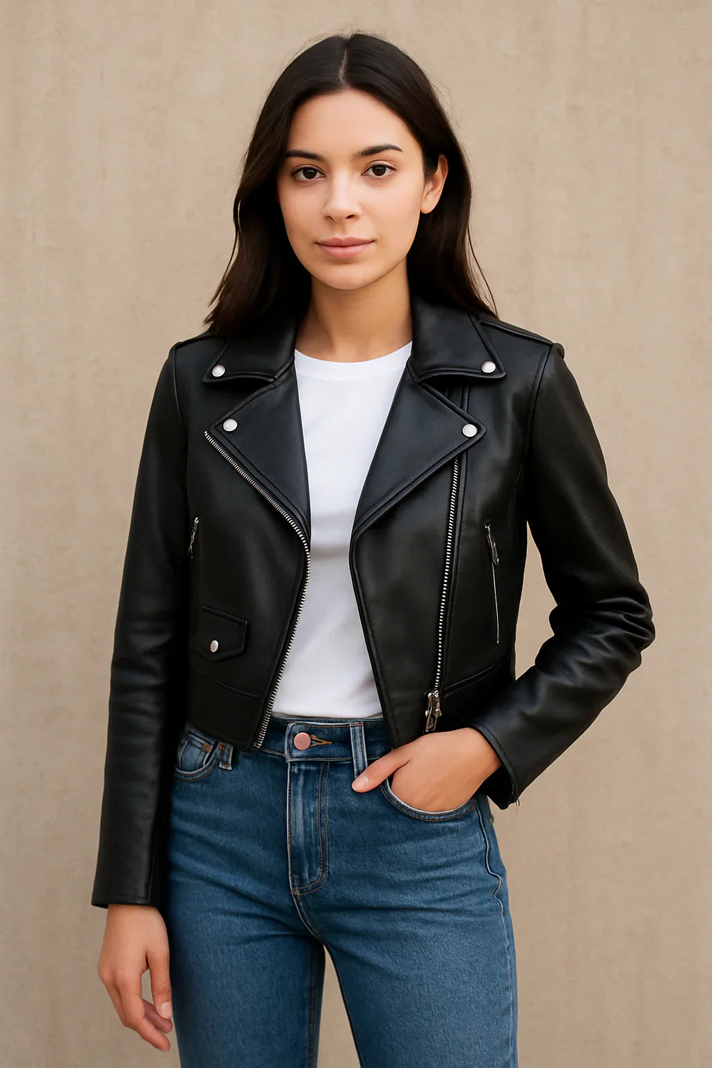 Woman wearing a black cropped leather jacket over a white t-shirt and high-waisted jeans.