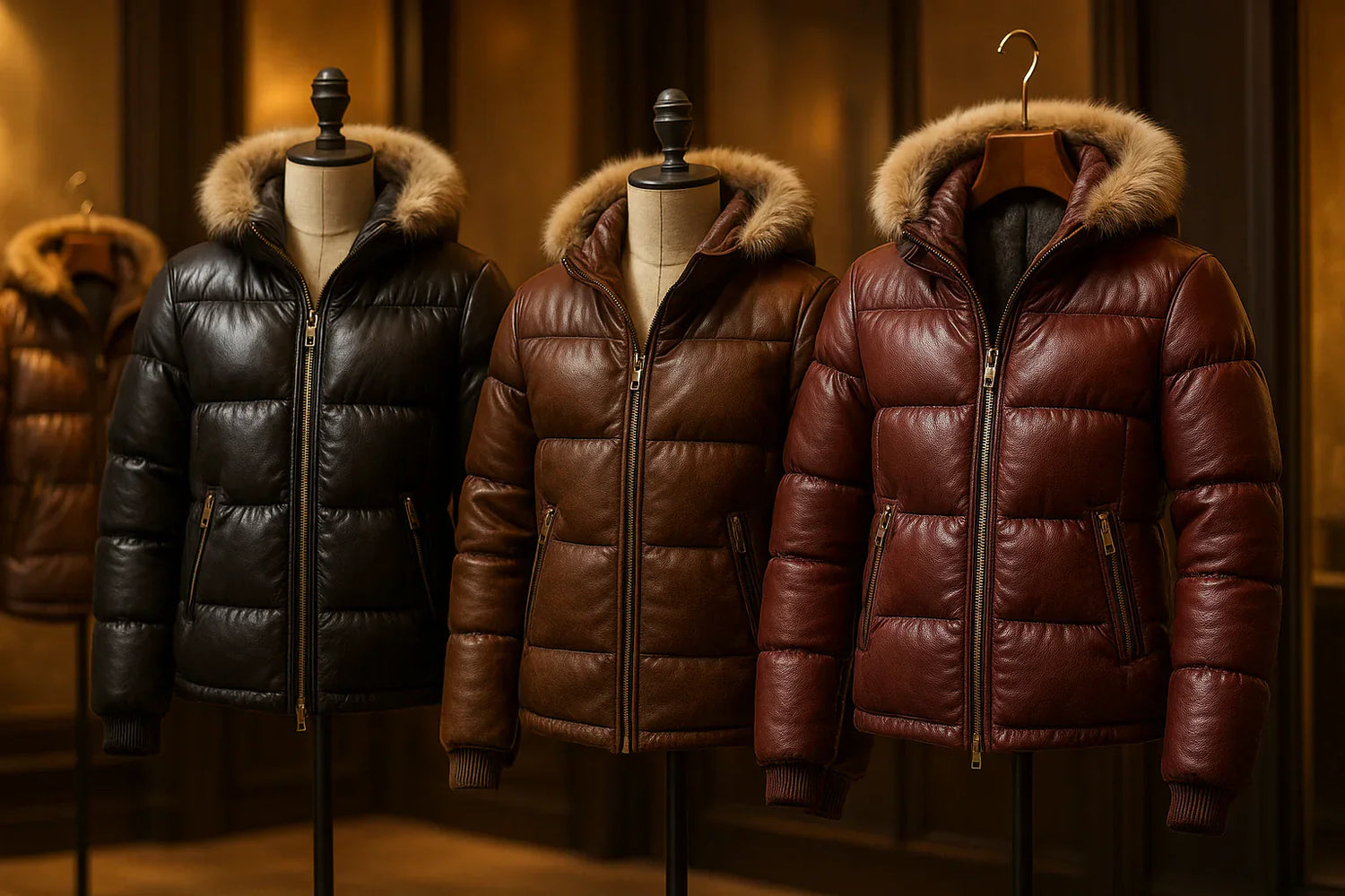 Women’s puffy leather jacket styled for winter fashion, combining warmth with edgy sophistication.