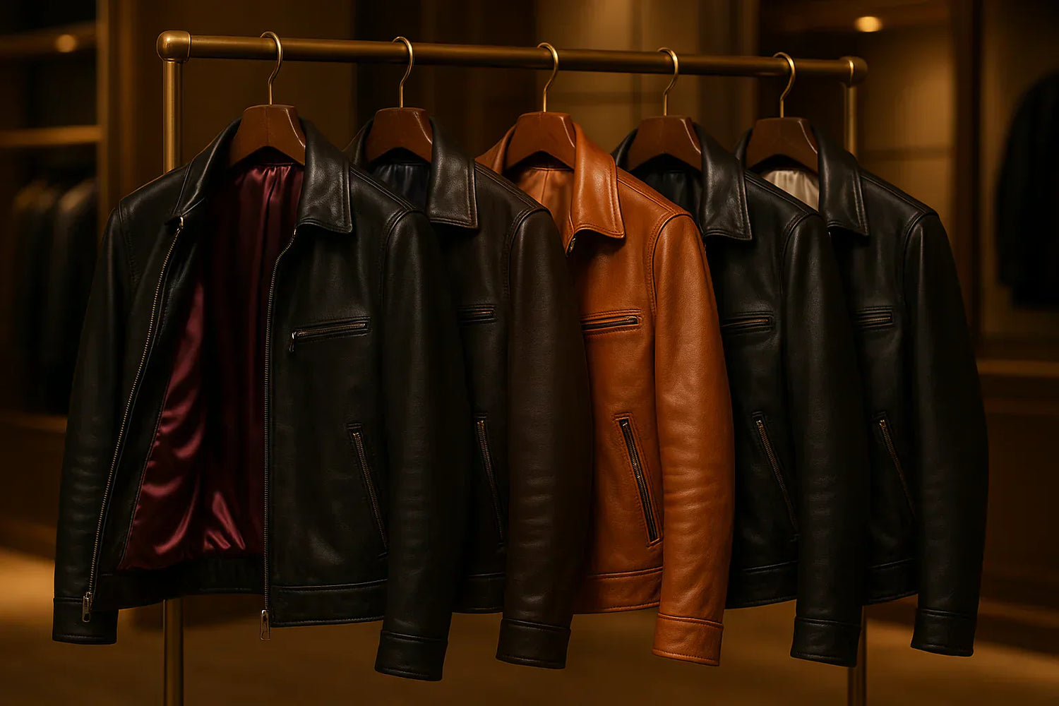 Close-up of a satin-lined leather jacket, showcasing its smooth and luxurious interior design.