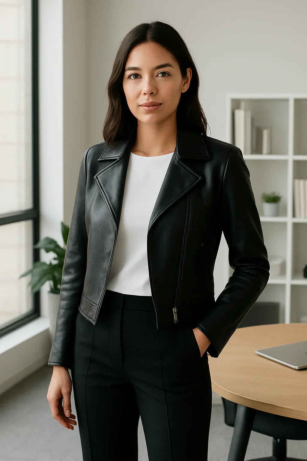 Woman wearing a black leather blazer jacket styled with a white blouse and tailored trousers in an office setting.