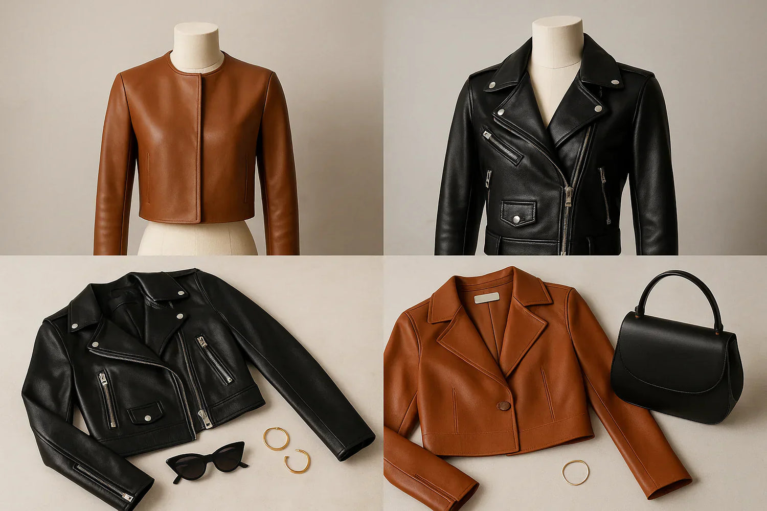 Trendy woman wearing a cropped black leather jacket styled with high-waisted jeans and ankle boots for a modern chic look.