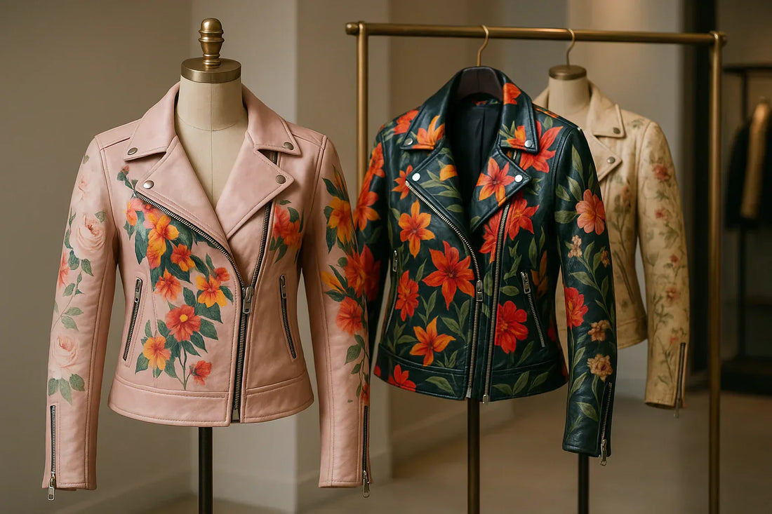 Stylish women’s leather jacket with floral prints, blending edgy leather with delicate floral patterns.
