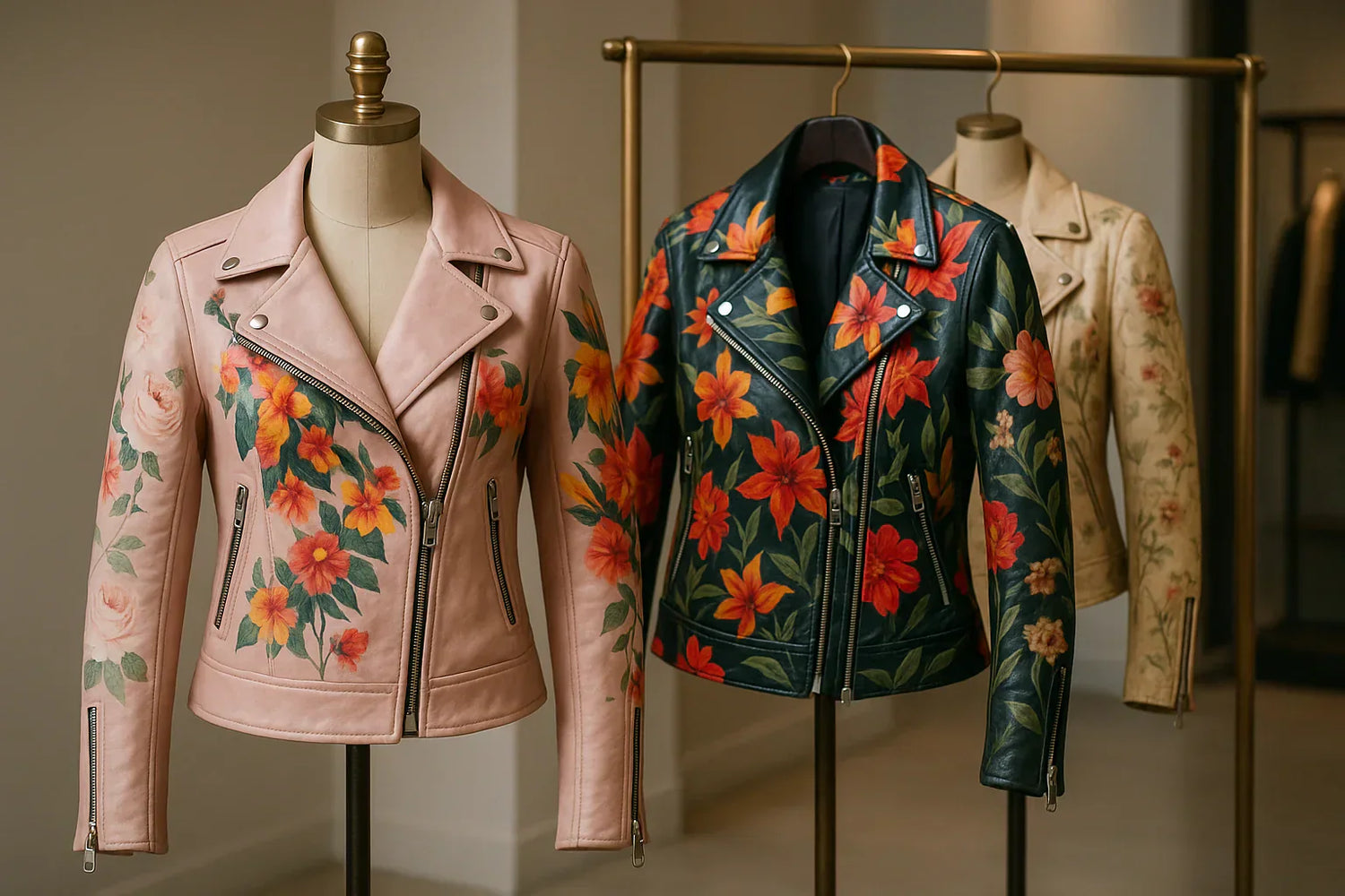 Stylish women’s leather jacket with floral prints, blending edgy leather with delicate floral patterns.