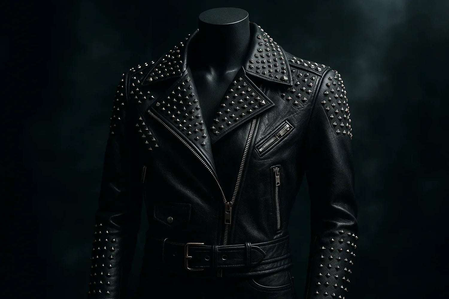 Woman wearing a black studded leather jacket styled with ripped jeans and boots, showcasing an edgy rock-chic look.