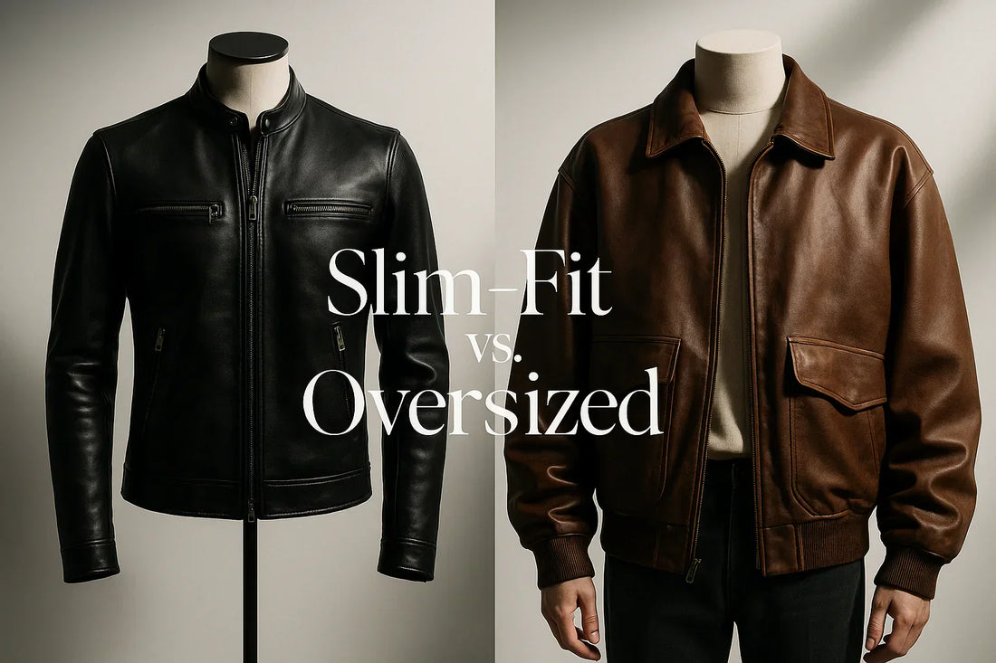 Side-by-side comparison of a sleek slim-fit leather jacket and an oversized leather jacket styled in modern outfits.