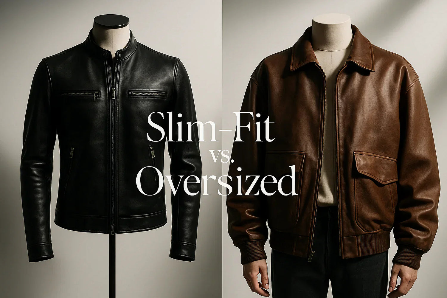 Side-by-side comparison of a sleek slim-fit leather jacket and an oversized leather jacket styled in modern outfits.