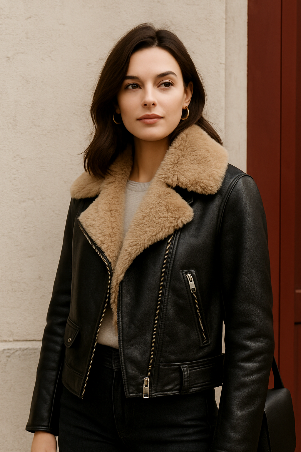 Black leather jacket with a white faux fur collar styled for chic winter fashion.