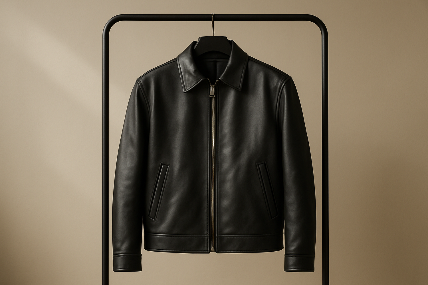 Unisex 90s-inspired leather jacket with clean design. Slim-fit leather jacket with 1990s minimalist style.