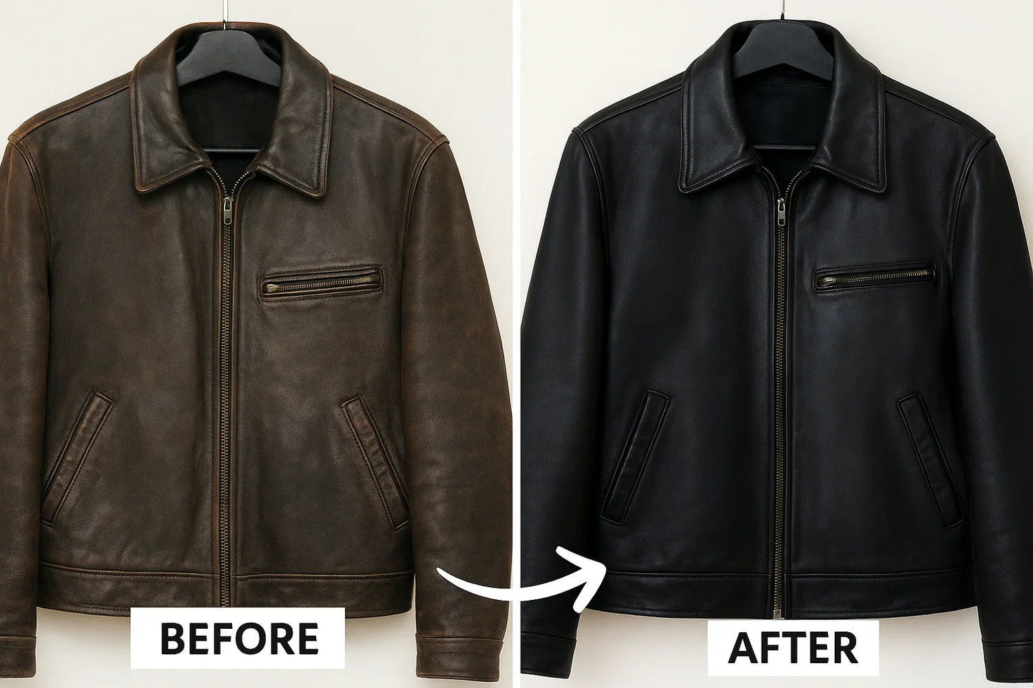 Leather jacket being refinished with dark dye after cleaning to restore faded color.