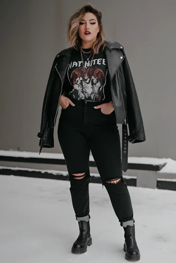 Confident plus-size woman wearing a belted leather jacket paired with jeans and ankle boots.