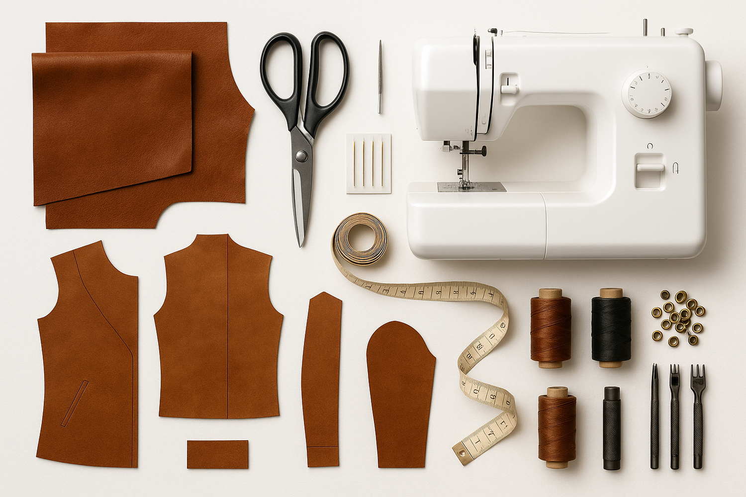 A flat lay of DIY leather jacket making tools including leather fabric, scissors, sewing machine, and jacket pattern pieces