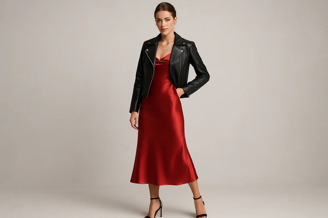 A woman wearing a black leather jacket over a red satin dress, styled with heels for a chic date-night look