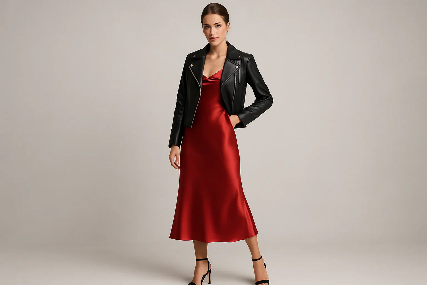 A woman wearing a black leather jacket over a red satin dress, styled with heels for a chic date-night look