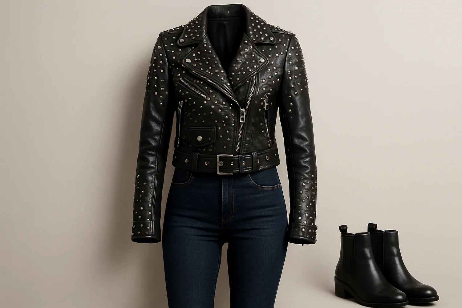 A women’s black leather jacket decorated with silver studs, styled with jeans and boots for a rock-chic look