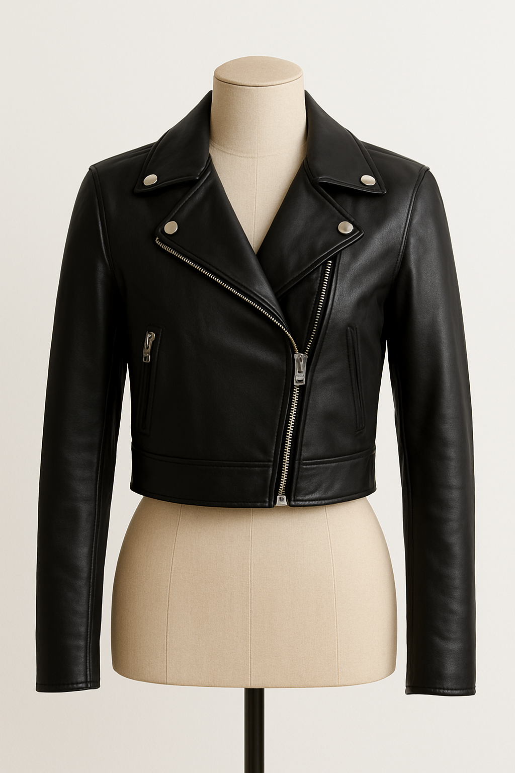 Handmade black leather biker jacket with asymmetrical zipper and lapel collar