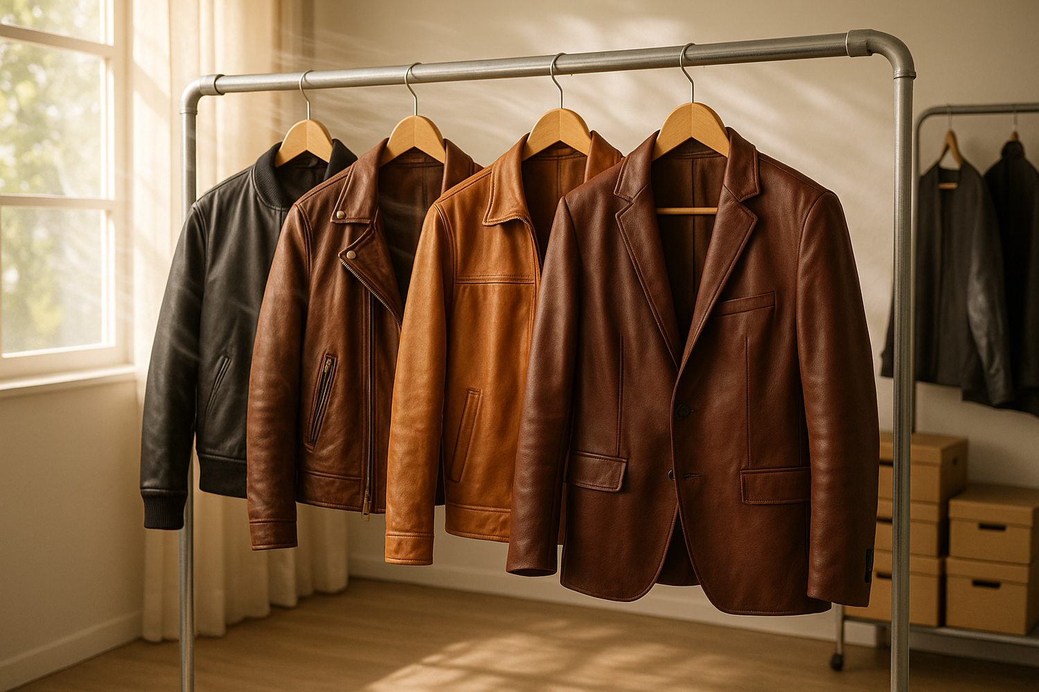 Leather jacket on a padded hanger placed in a well-ventilated room, airing out after cleaning before storage. 