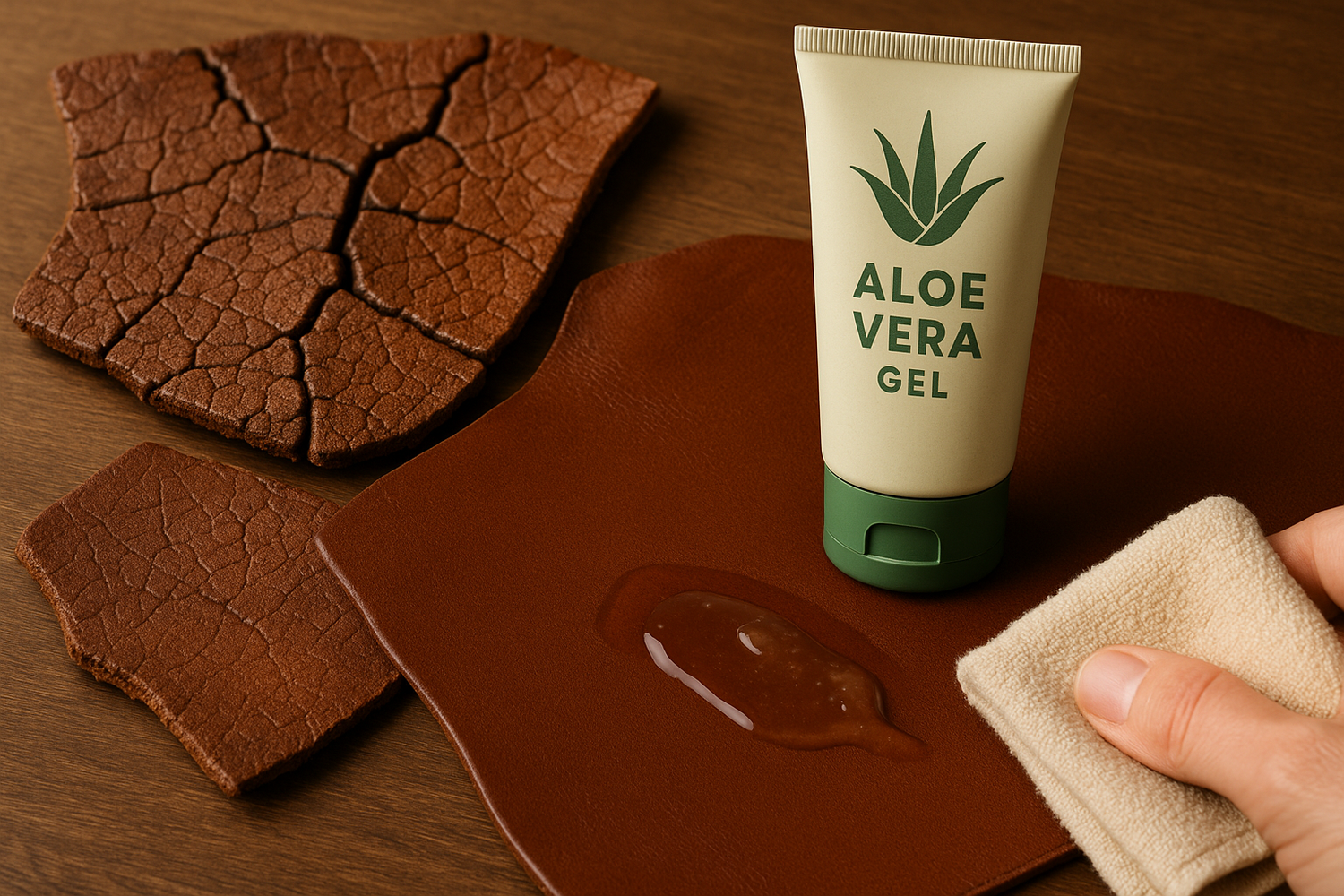 Close-up of aloe vera gel being gently applied with a soft cloth to a dried leather jacket to restore hydration .