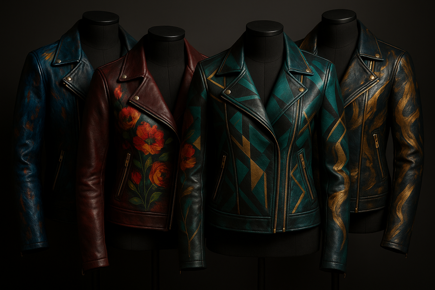 Woman wearing an artistic painted leather jacket with bold street art design. Hand-painted leather jacket with floral artwork on the back.