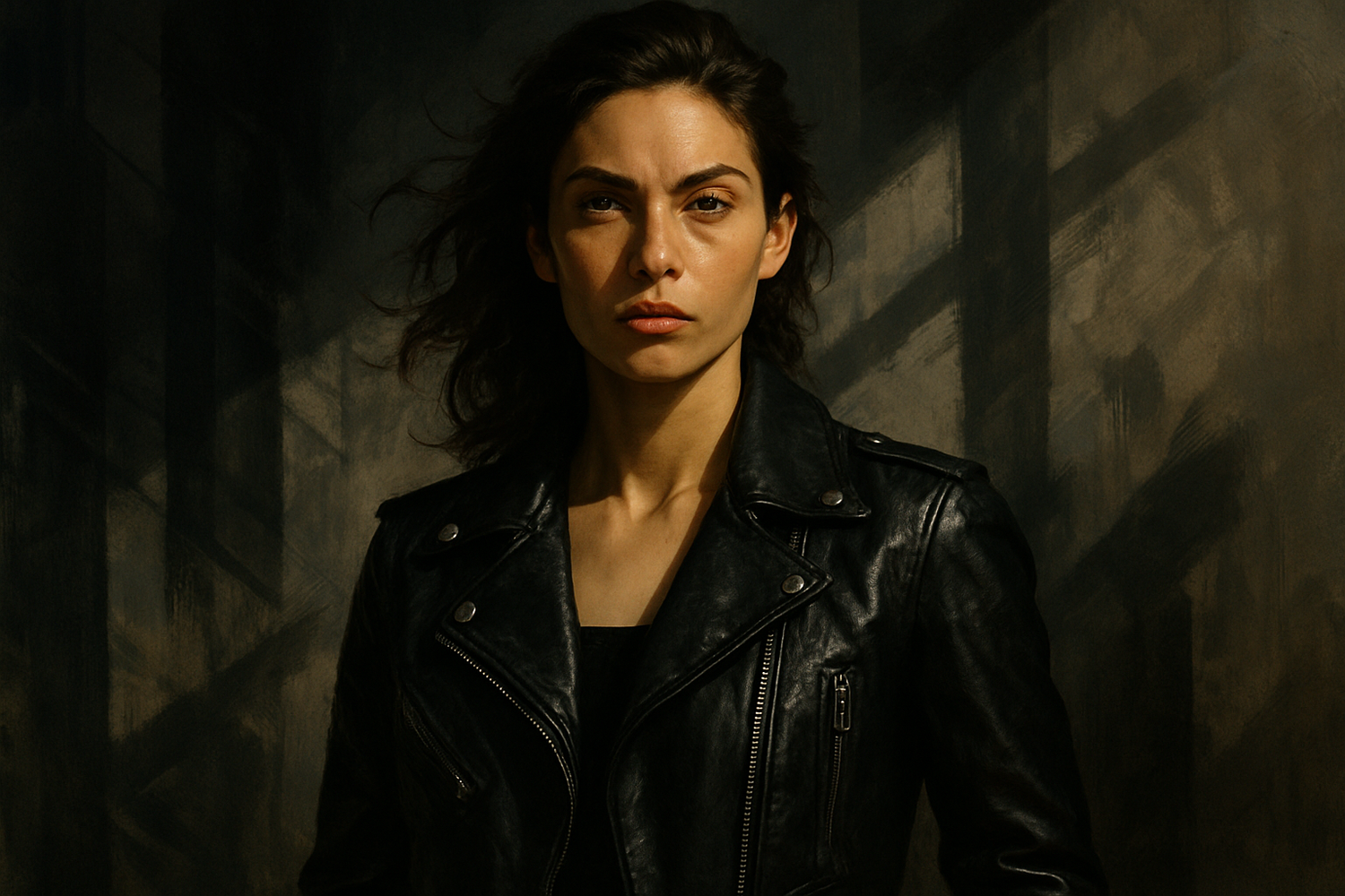 Artistic portrait of a woman in a leather jacket symbolizing strength and individualit