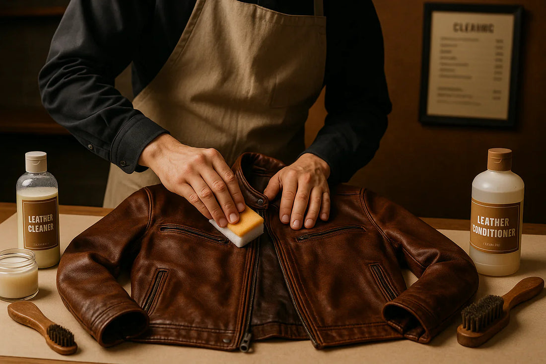 Professional dry cleaner applying special treatment to a leather jacket to preserve its quality.