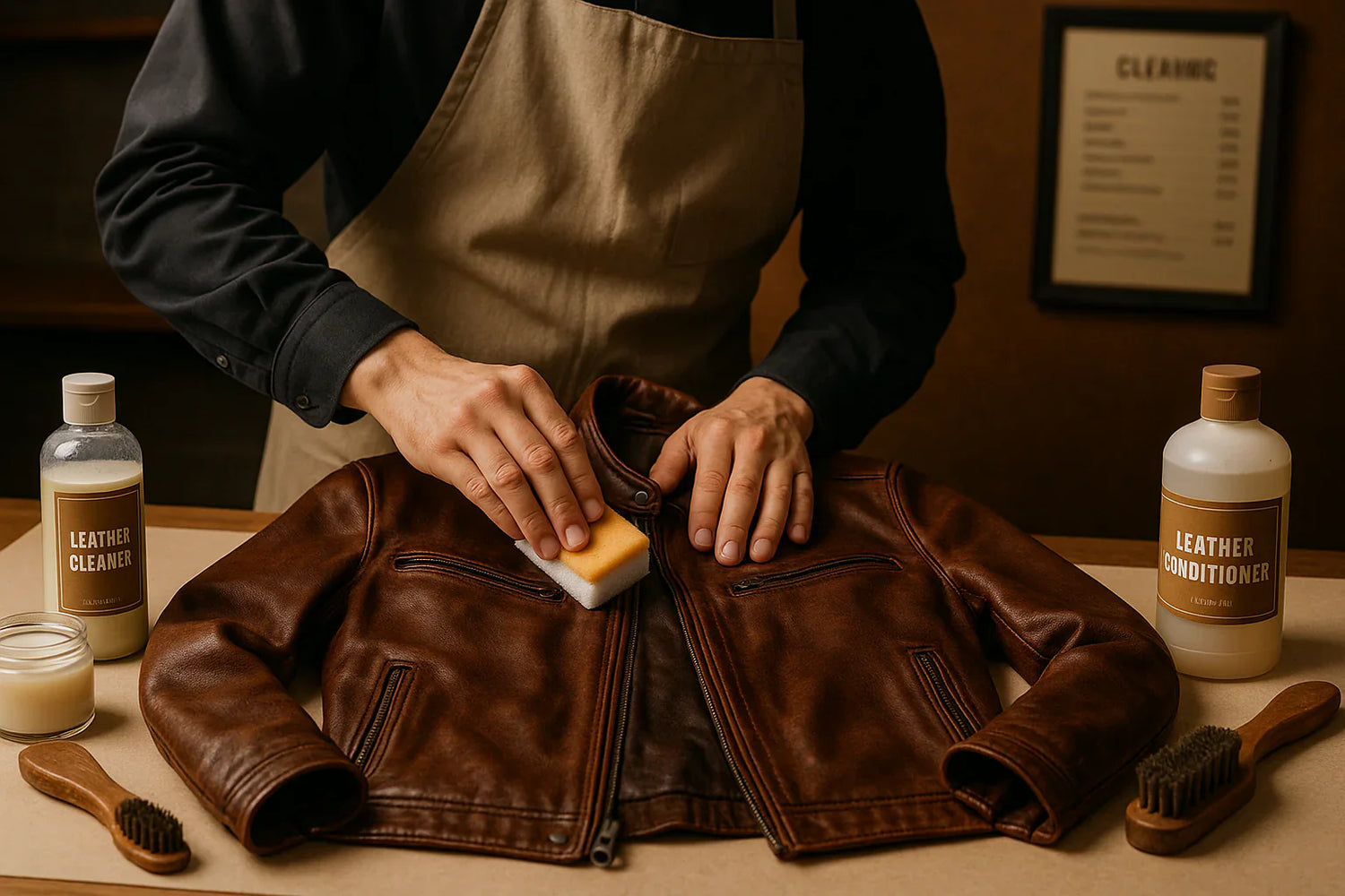 Professional dry cleaner applying special treatment to a leather jacket to preserve its quality.