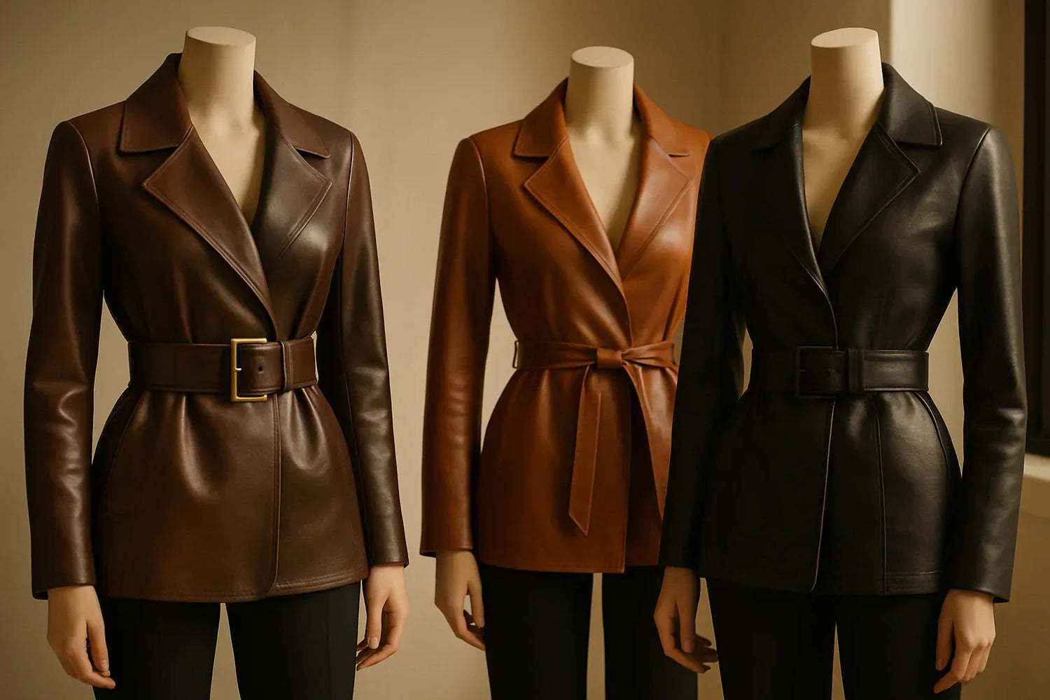 A stylish black belted leather jacket displayed on a mannequin with the waistline cinched.