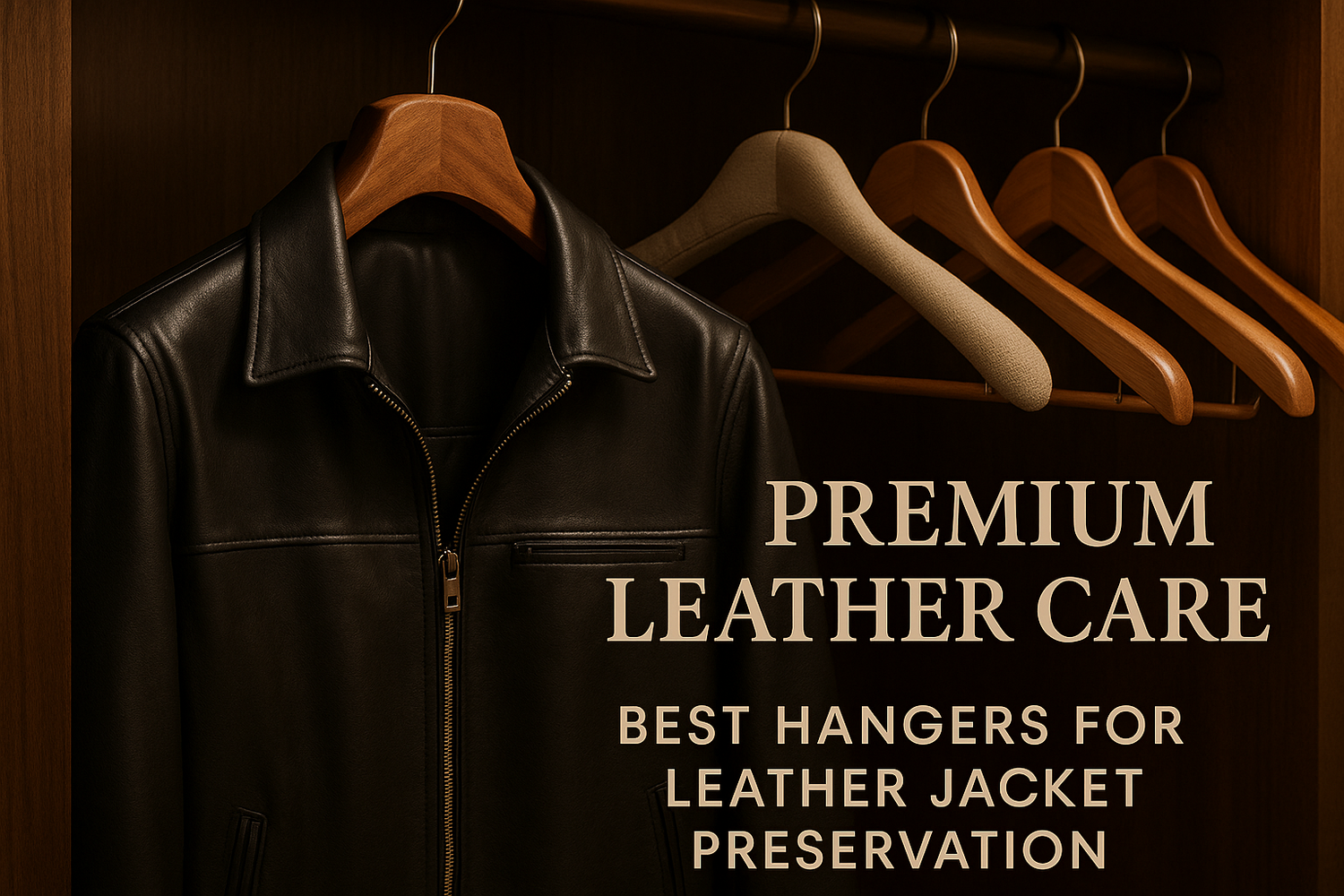 Leather jacket hanging on a wide wooden hanger inside a closet to preserve its shape. 