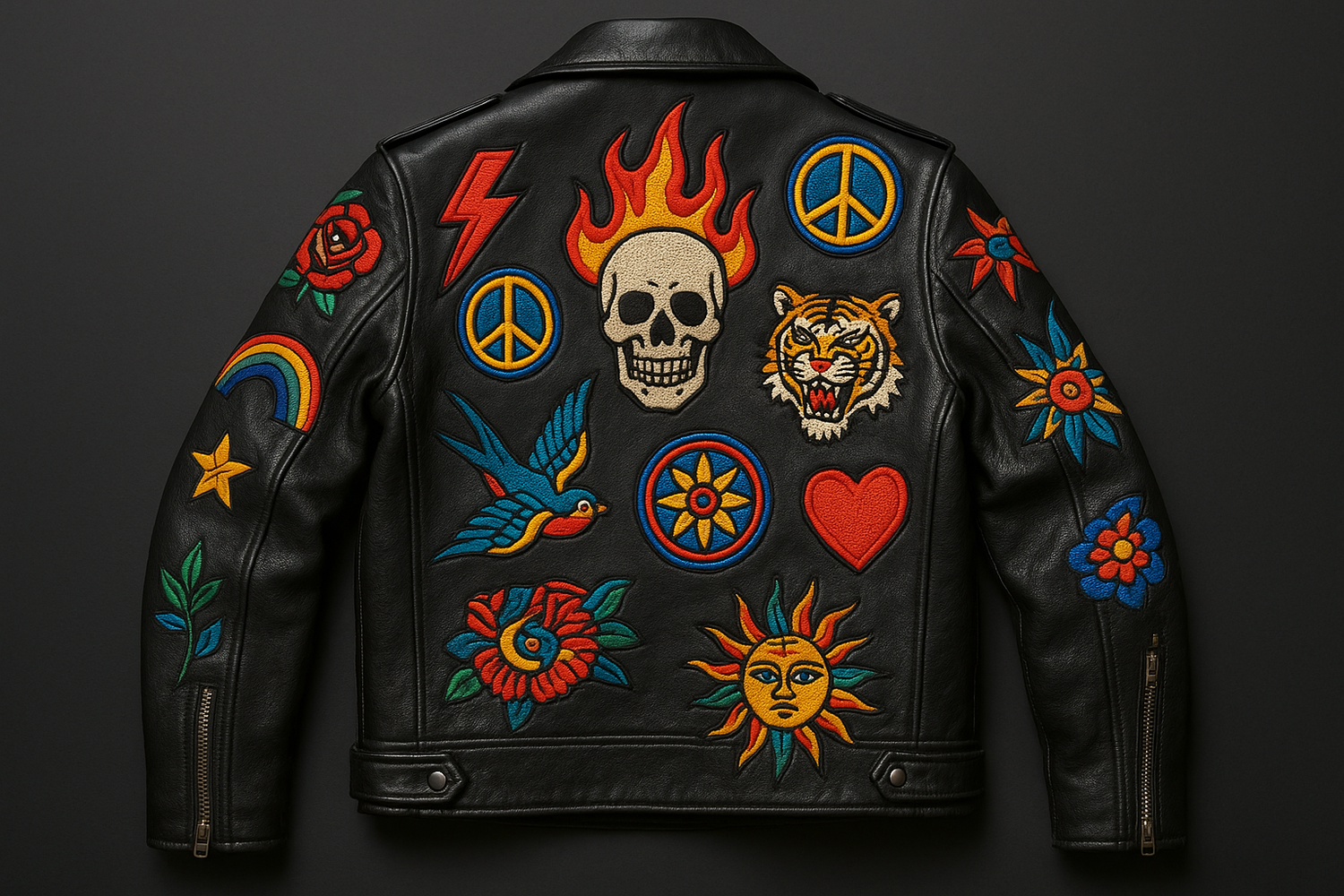 Black leather jacket decorated with colorful embroidered patches on the back and sleeves, showcasing bold customization.