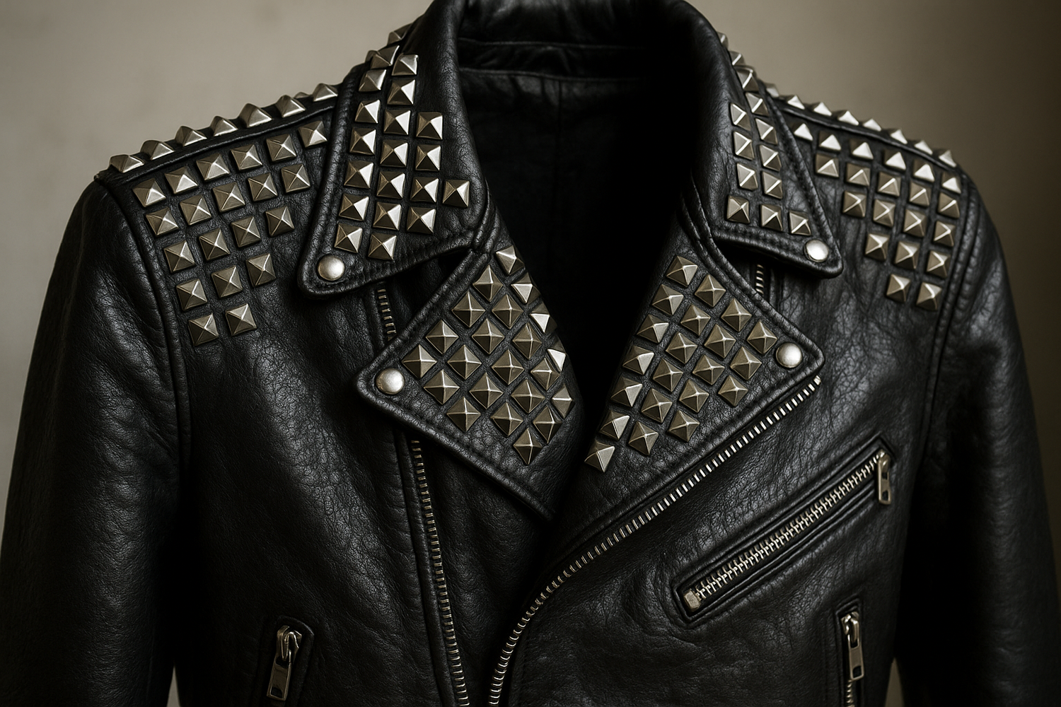 Black leather jacket decorated with silver pyramid studs along the collar and shoulders, showcasing a bold DIY customization.