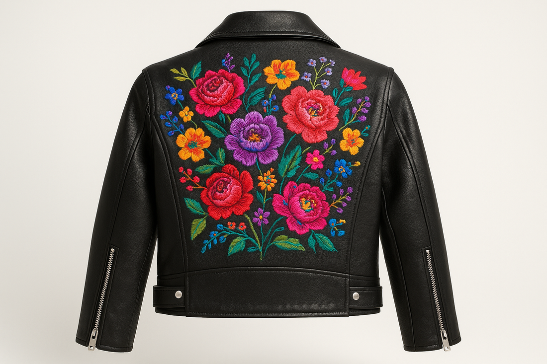 Black leather jacket featuring colorful floral embroidery on the back, showcasing a trendy DIY fashion project
