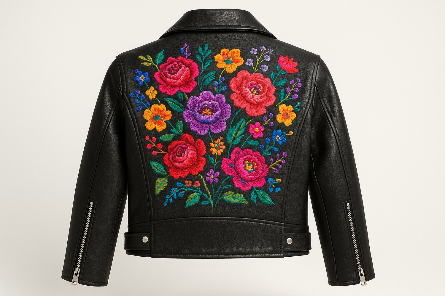 Black leather jacket featuring colorful floral embroidery on the back, showcasing a trendy DIY fashion project