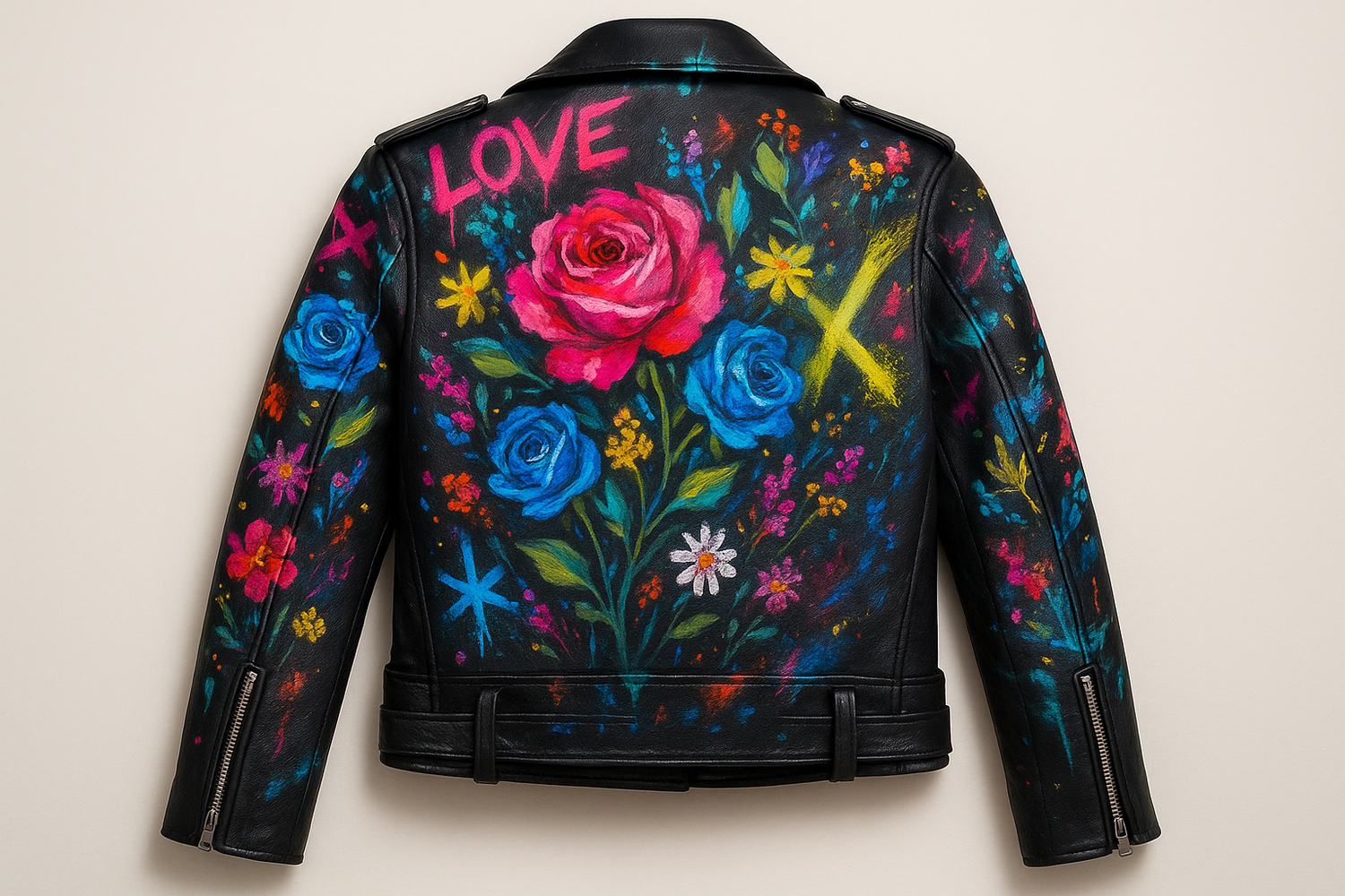 Black leather jacket with vibrant hand-painted floral and graffiti designs, showcasing a bold DIY customization project.