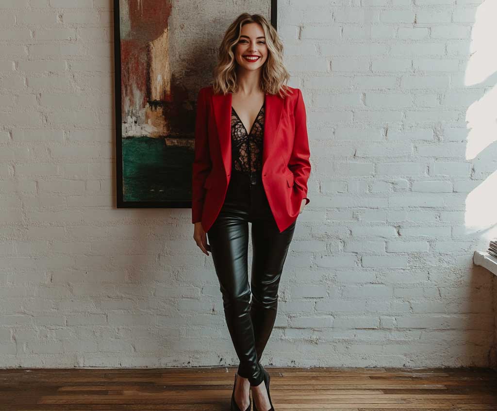 Woman wearing a vibrant red leather jacket paired with black skinny jeans and heels