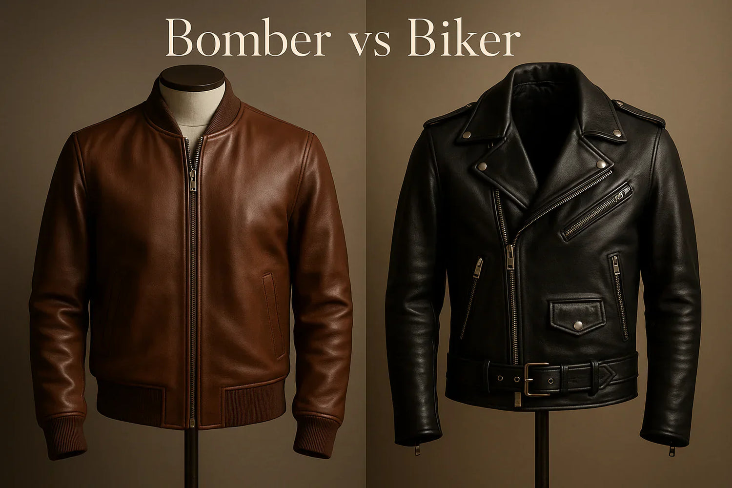 Side-by-side comparison of a bomber jacket with ribbed cuffs and a biker jacket with an asymmetrical zipper and lapels.