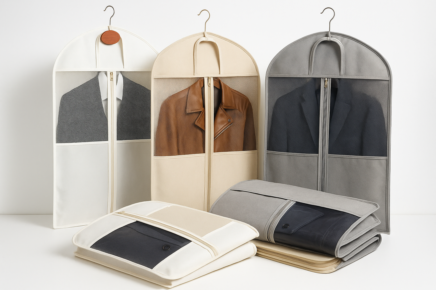 Leather jackets stored in beige breathable cotton garment bags hanging neatly in a closet.