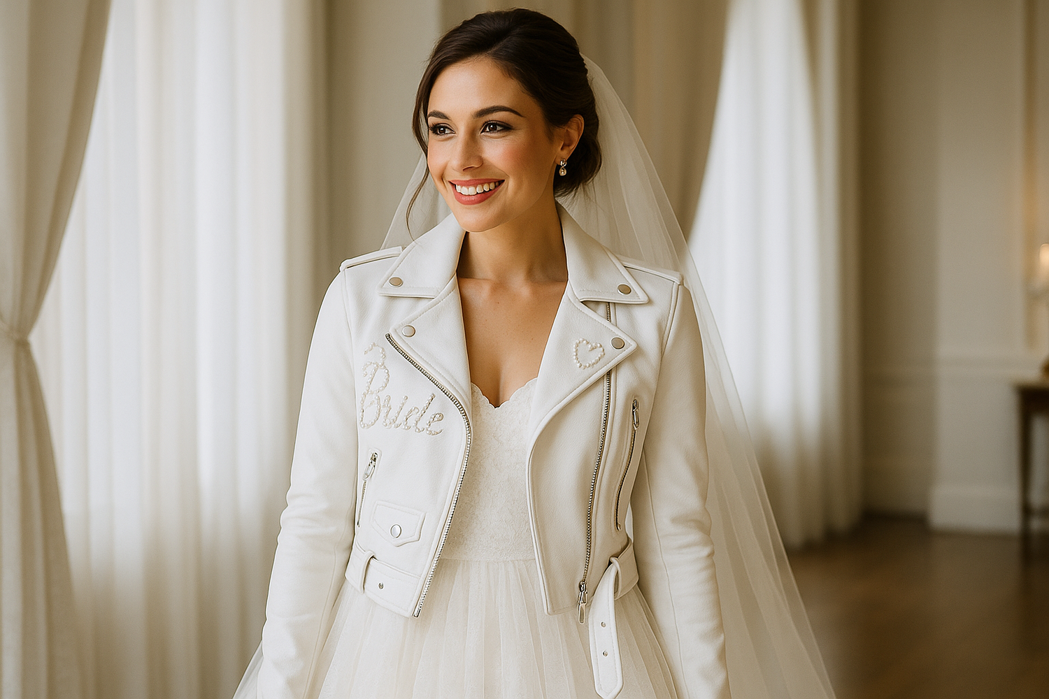 Bride wearing a personalized white leather jacket over her wedding gown