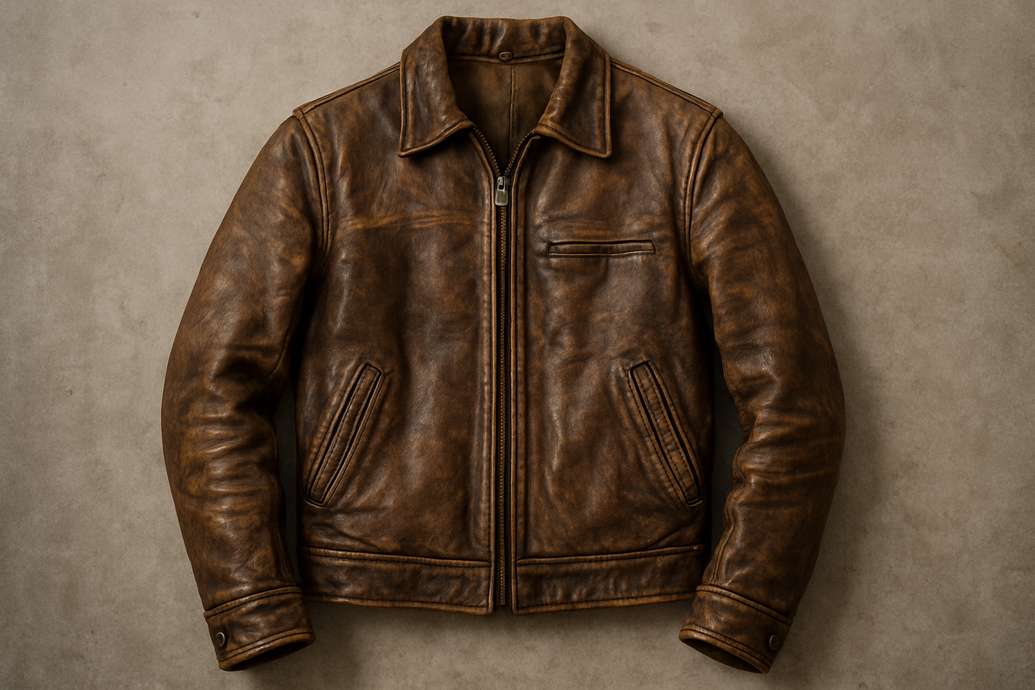 Brown distressed leather jacket with visible creases and faded texture, styled for a rugged vintage look.