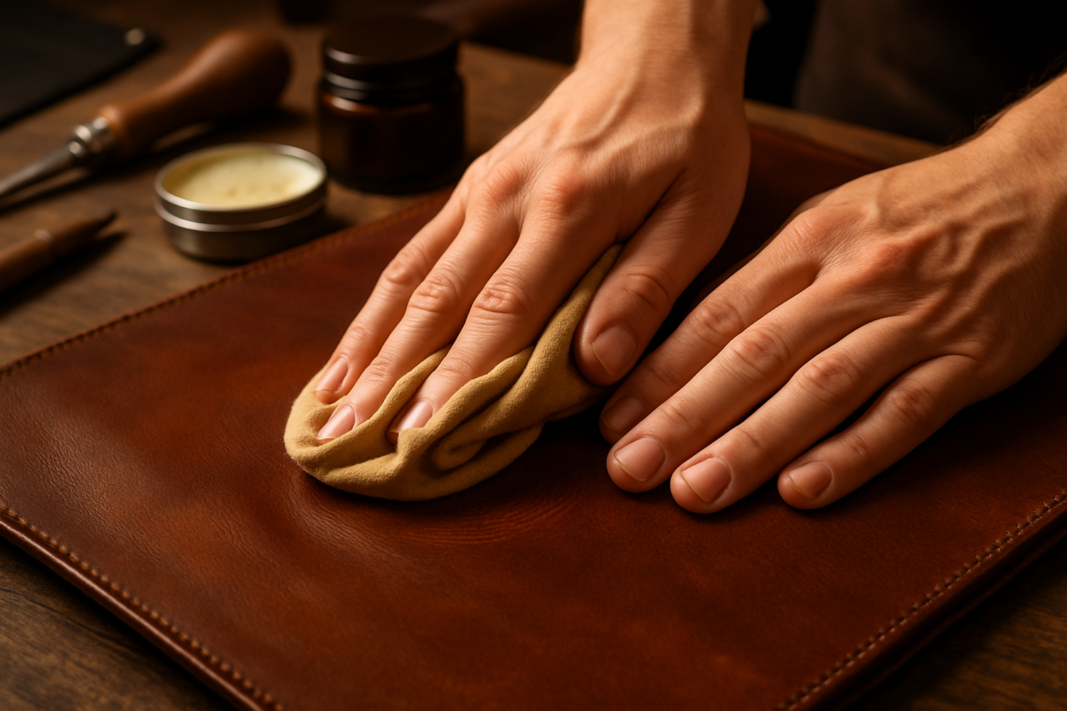 Close-up of hands buffing a leather jacket with a soft chamois cloth to restore shine. Leather  Buffing  Chamois  Shine  Care