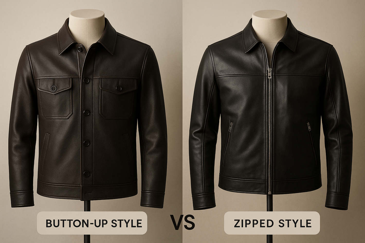 A comparison of a button-up leather blazer and a zipped biker jacket showcasing different styles and closures.